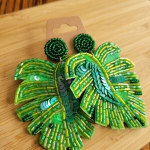 Gorgeous Green Beaded & Sequin Monstera Palm Leaf Statement Earrings